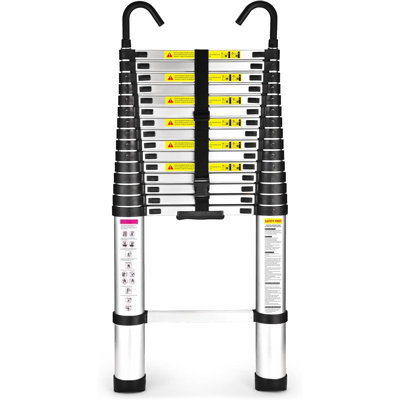 Échelle télescopique de 15,5 pi, aluminium SocTone avec pieds antidérapants, capacité maximale de 330 lb, échelle escamotable avec crochets pour le véhicule récréatif ou l'extérieur