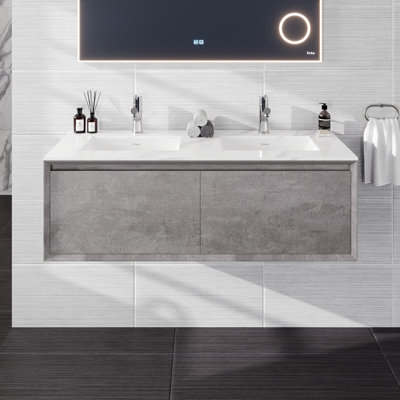 48 po Hereford Ensemble de meuble-lavabo mural en béton gris avec comptoir en quartz Carrara et lavabos en porcelaine encastrés