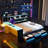 Queen Size Gaming Daybed With Integrated Desk And Lights, Modern Wooden Bed Frame With 3 Storage Drawers And Built-In Charging Station, Multi-Functional Headboard Bookcase, Black+Blue-1917843666-1917843664