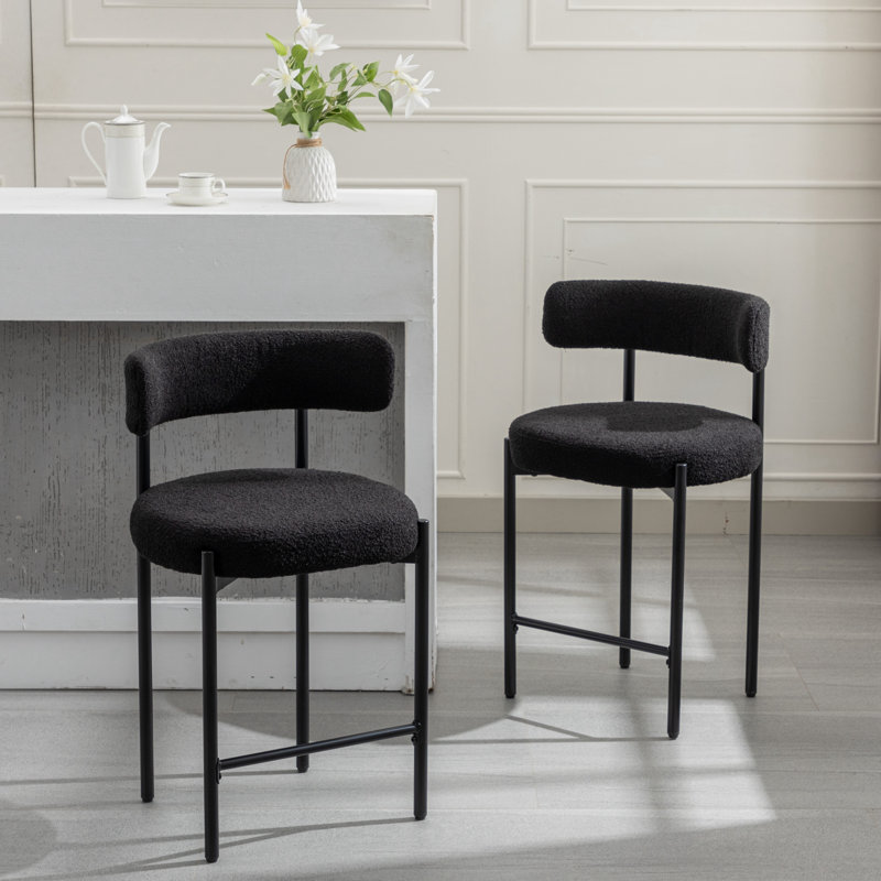 24'' Black Bouclé Upholstered Counter Stools with Metal Frame, Set of 2