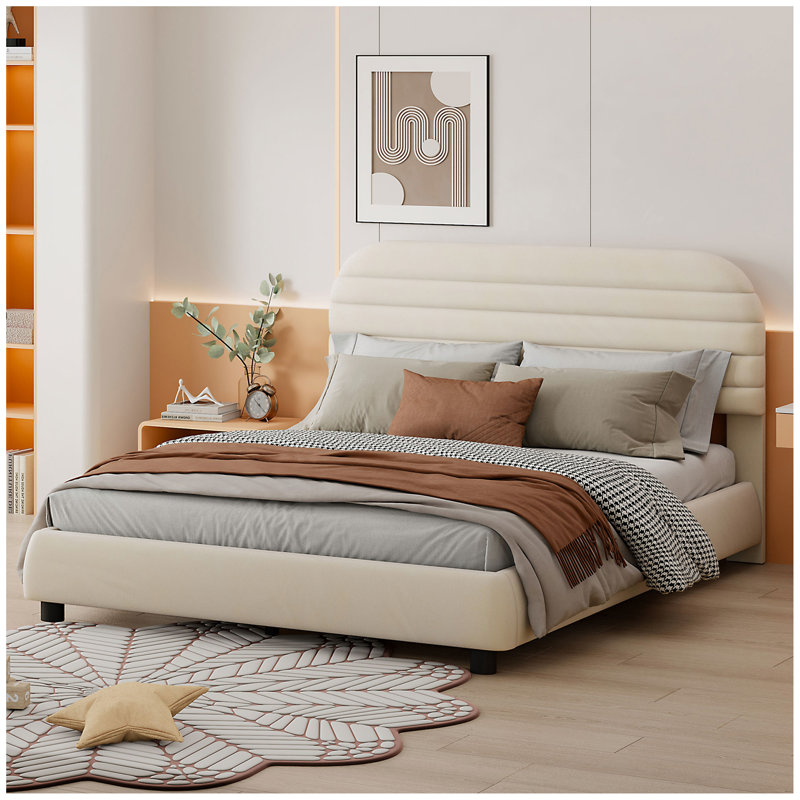 Lit plateforme tapissier en velours, Beige