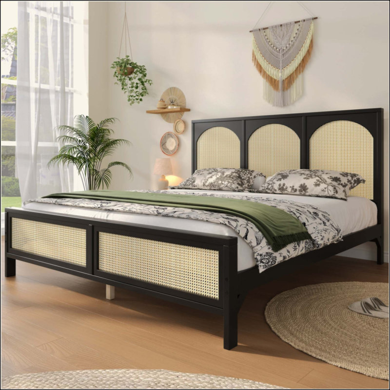 Lit plateforme en bois avec tête et pied de lit en rotin, Grand lit, Noir