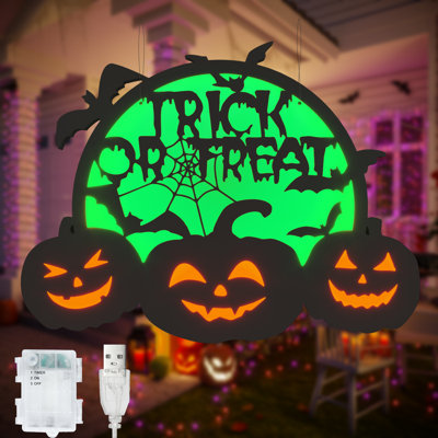 Trick or Treat Halloween Pumpkin LED Sign – Hanging Window Light with USB Power and Timer, Spooky Halloween Decorations for Home, Porch, Party