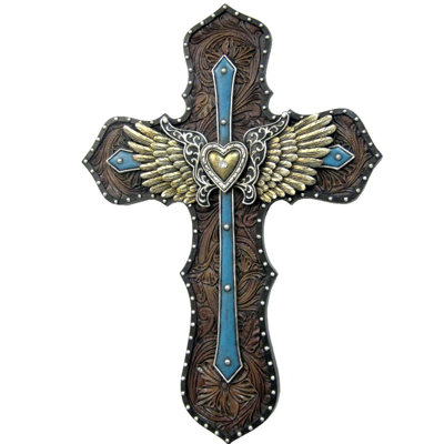 Polyresin Tooled Leather with Turquoise and Angel Wing Heart Accent Hanging Wall Cross Decor