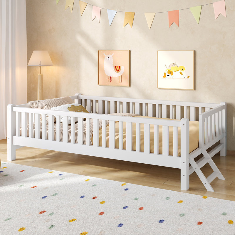 Wooden Twin Size Bed With Guardrail, White