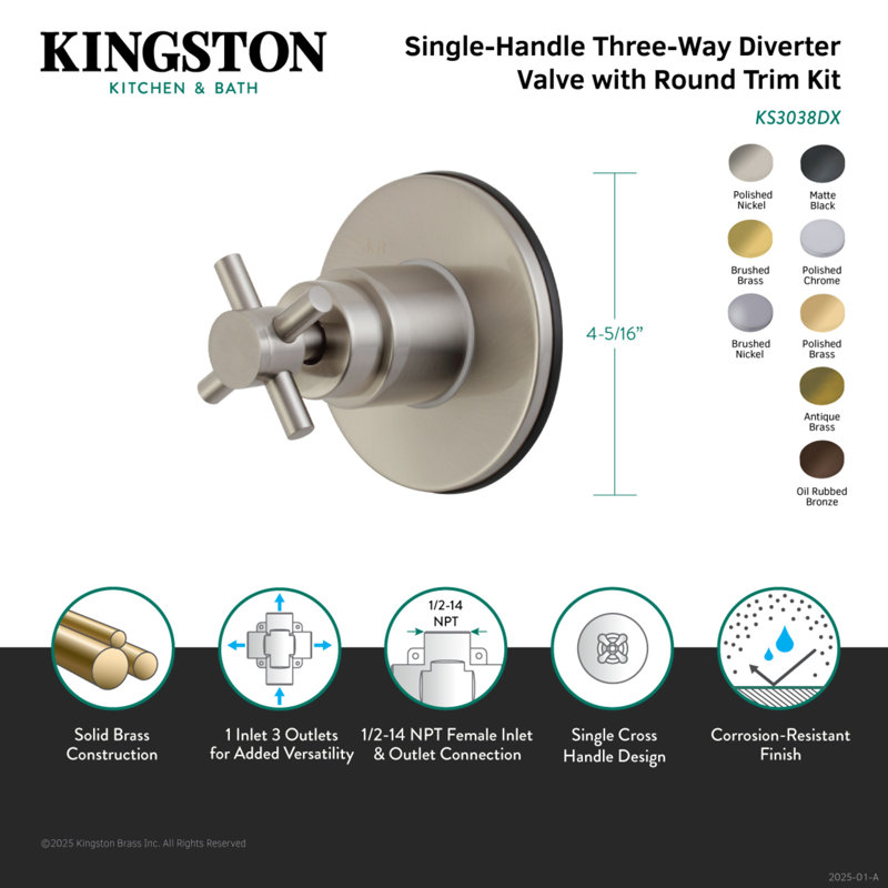 Kingston Brass Concord Single-Handle Wall Mount Three-Way Diverter Valve with Trim Kit, Polished Nickel