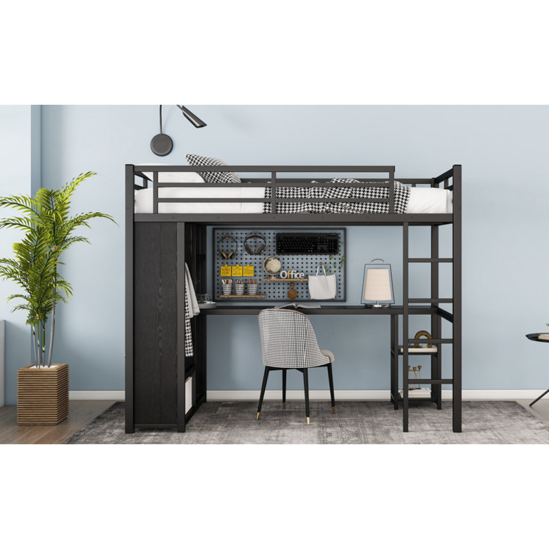 Structure de lit simple TG avec garde-robe intégrée, lit mezzanine en métal avec bureau et tablettes de rangement, noir