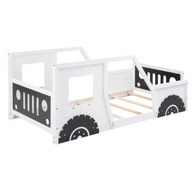 Lit voiture simple blanc avec roulettes - construction en pin et pour roues de luxe classique pour chambre à coucher, leurre à structure en bois résilient
