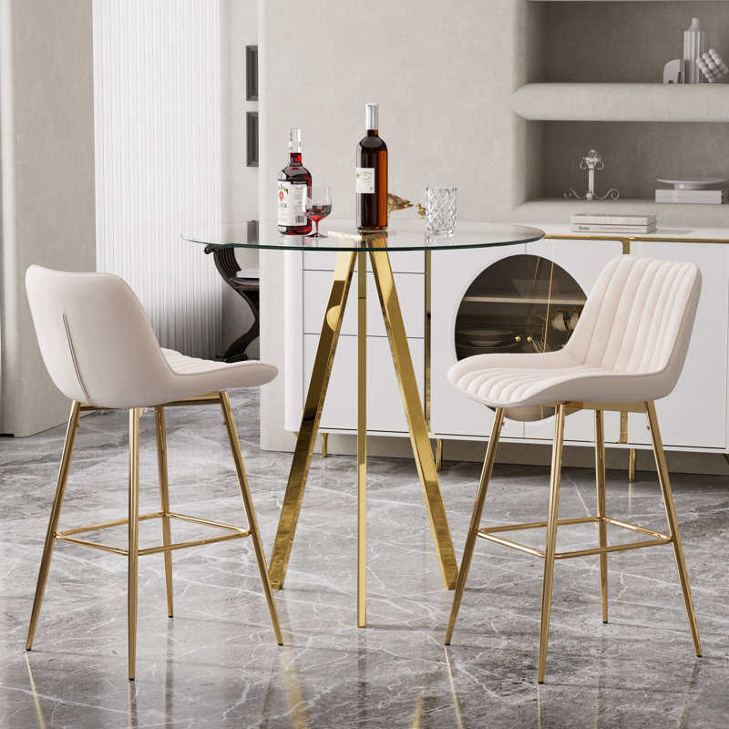 3 Piece Pub Table and Velvet Fabric Pedestal Bar Stool Dining Set (Set of 3), Cream/Gold