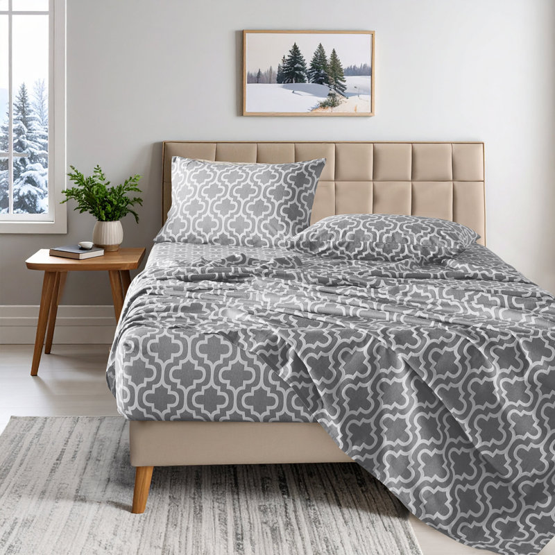 Ensemble de draps 100% flanelle Nile Mills Trellis, Ensemble de draps pour très grand lit avec 2 taie, gris