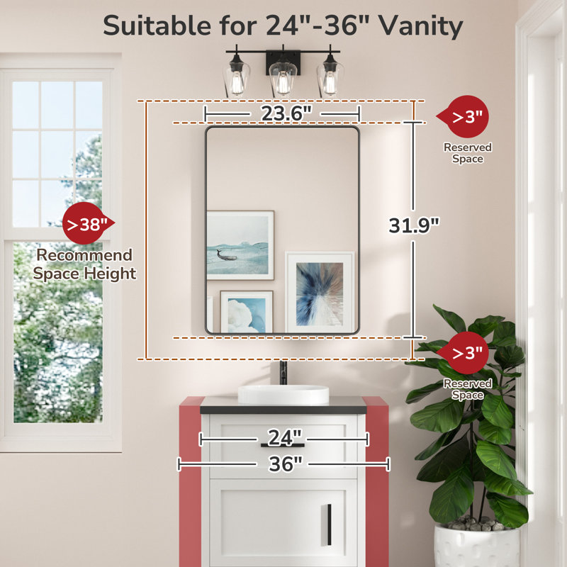 Bathroom Mirror with Tempered Glass and Aluminum Frame, 24" x 32", Matte Black, Rectangle