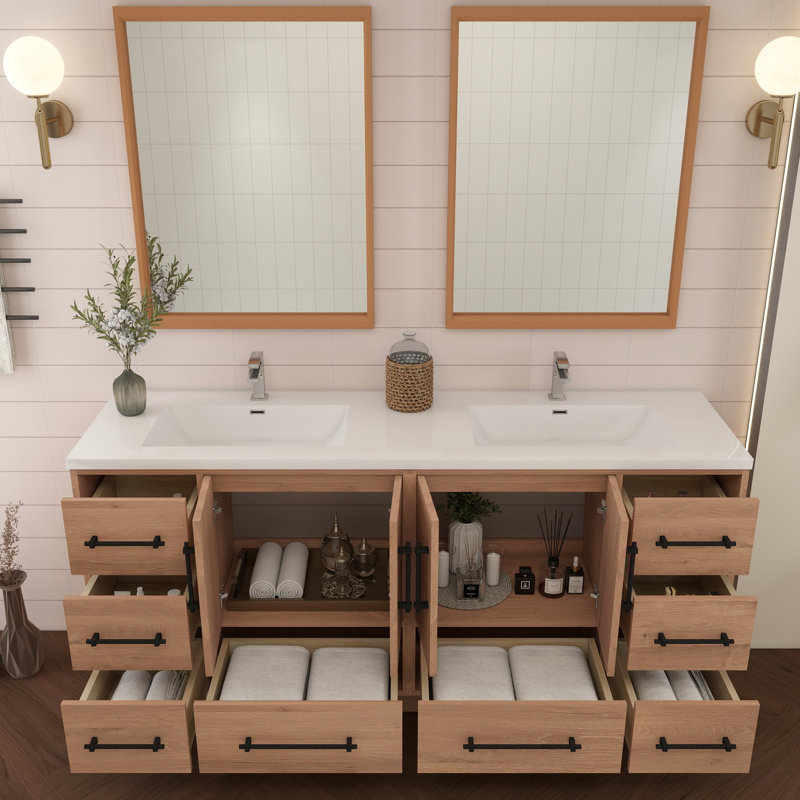 Meuble-lavabo double 71,1 po avec plateau en acrylique Victoria, Chêne rouge