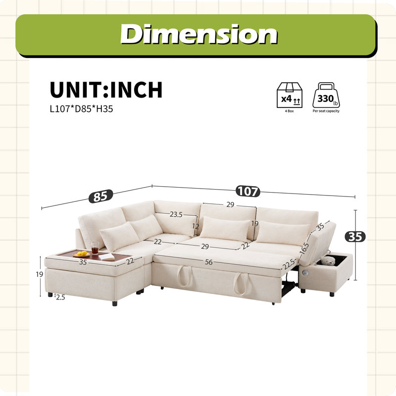 107'' Sectional Sleeper Sofa Bed With Pull Out Couch, L-Shaped With Adjustable Armrest, Usbtype-C Charging, Beige