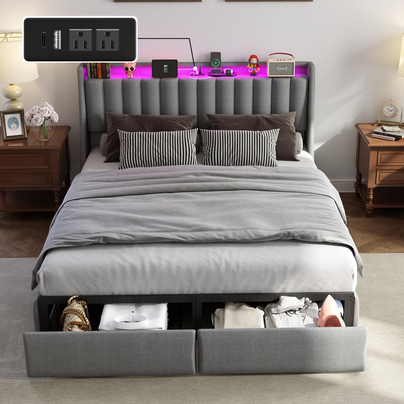 Upholstered Bed Frame with 2 Storage Drawers and Storage Headboard, Built-In LED Lights and Charging Station, Queen
