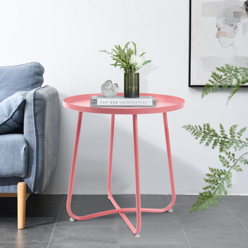 Round Modern Metal Outdoor Side Table, Small Coffee And Snack Table For Patio, Garden, Living Room And Bedroom (Pink) | Gift Idea