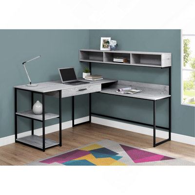 Bureau d'ordinateur, bureau personnel, coin, tiroirs de rangement, forme de L, bureau, ordinateur portable, stratifié gris, métal noir, contemporain