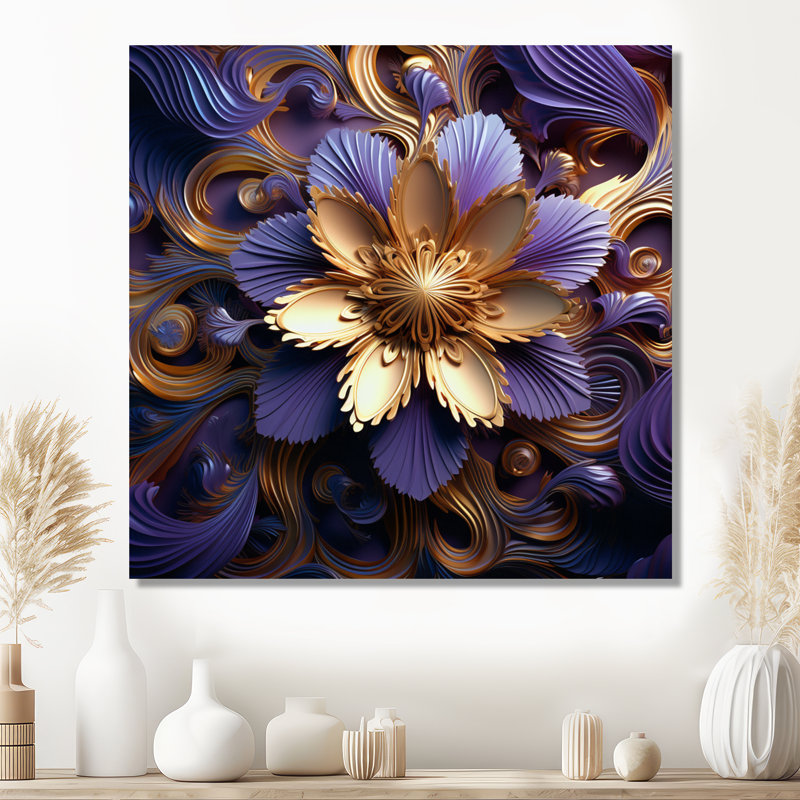 Abstrait lotus doré ornemental mauve - impression d'art mural floral moderne, Toile tendue, H 36 po x l 36 po x P 1,5 po