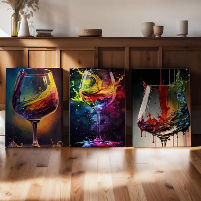 Ensemble de 3 affiches murales encadrées, toiles décoratives colorées sur le thème des verres à vin, impressions abstraites à effet éclaboussures de peinture, décoration moderne pour cuisine et salle à manger, œuvres d'art vibrantes sur le thème de l'alcool pour la décoration de la maison, du bar ou du restaurant, prêtes à être accrochées.