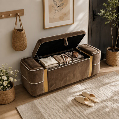 Banc coffre ottoman moderne en velours capitonné avec détails dorés et couvercle relevable pour une organisation polyvalente de la maison