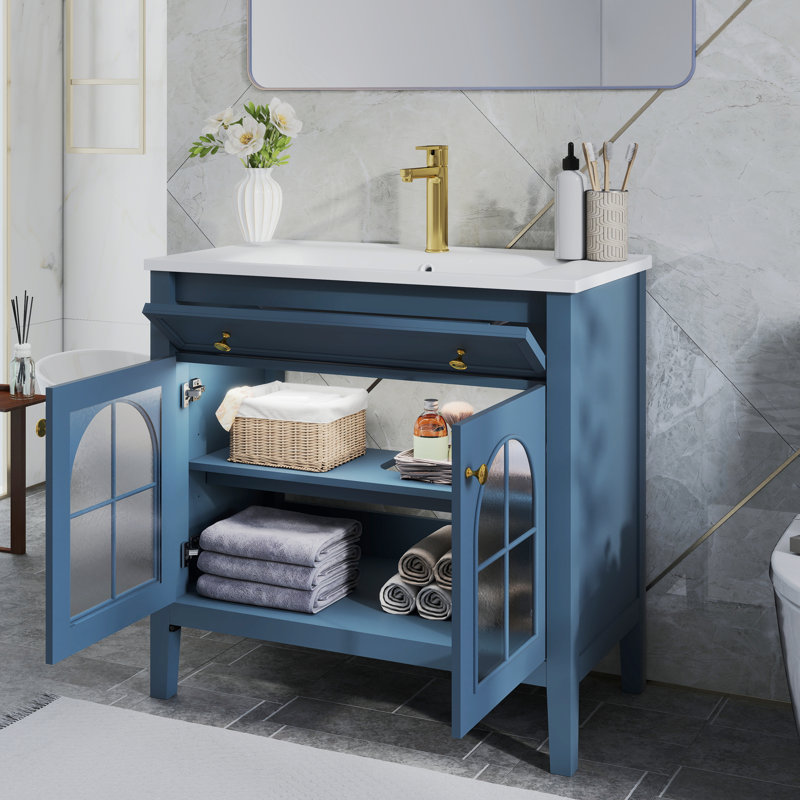 Meuble-lavabo simple 35,6 po avec lavabo et plateau en céramique, meuble-lavabo de style Mid-Century avec verre à motif et bande lumineuse à capteur de mouvement, armoire de rangement pour salle de bain avec tablette, bleu