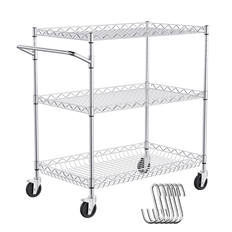Silver 3-Tier Steel Utility Cart with Hooks and Wheels