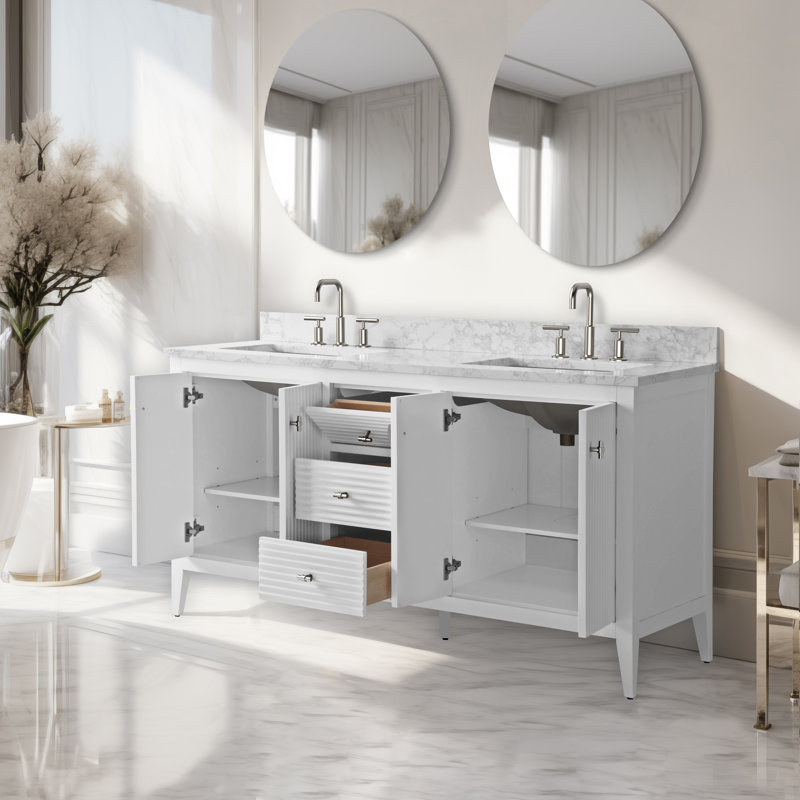 Ensemble de meuble-lavabo double 60 po, Blanc linéaire, Nickel brossé