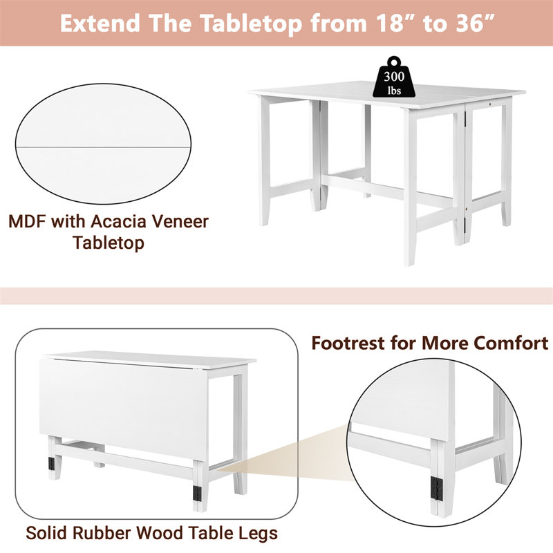 Farmhouse Wood Extendable Dining Table With Drop Leaf Rustic Design For 4, White
