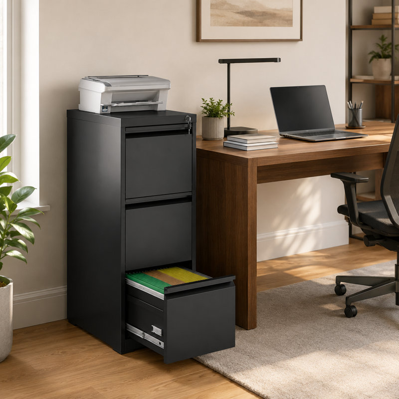 14.96" W 3 Drawer Metal Lateral Filing Cabinet with Lock for Home and Office, Black