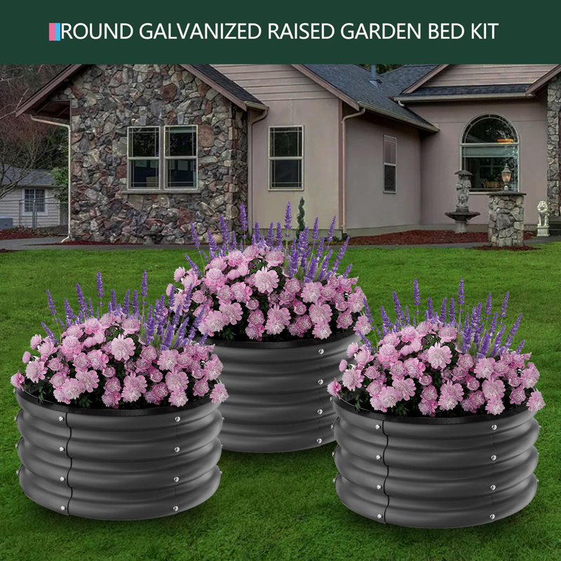 3-Pack Round Raised Garden Bed 2x2x1 ft Open Bottom Rust-Resistant Planter Box Easy Setup Galvanized Steel Outdoor, Black