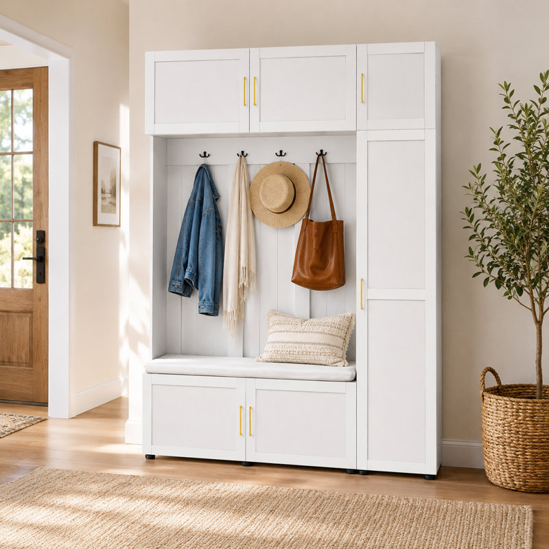 Entryway Storage Bench Hall Tree With Padded Bench, Shoe Cabinets, Hooks, And Multi-Tier Storage Shelves, White