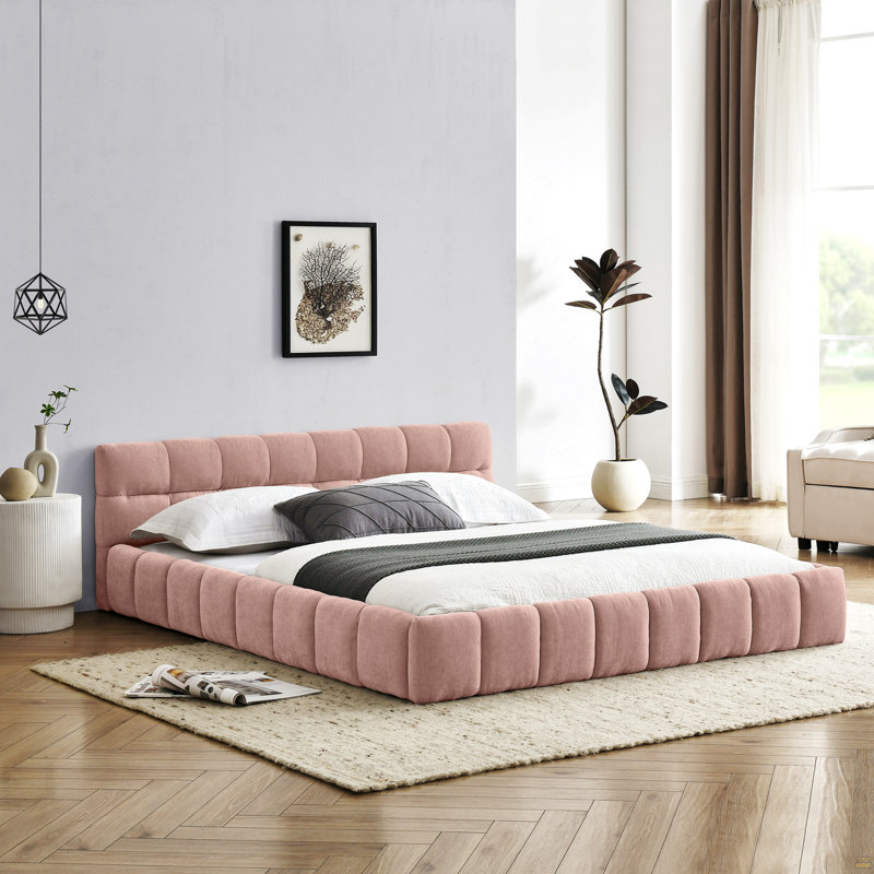 Structure de lit tapissier grand format avec tissu épais, lit plateforme grand format en chenille avec tête de lit et structure solide