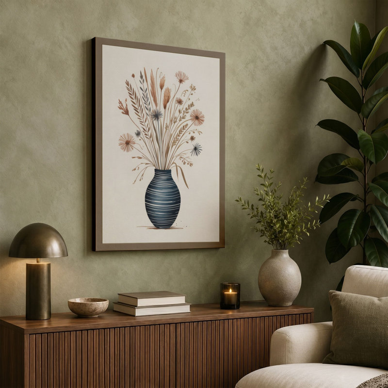 Dried Flowers in Ceramic Vase Botanical 1 Piece Wrapped Canvas Wall Art, 18x12 - 45.7 x 30.5 cm, Taupe Border