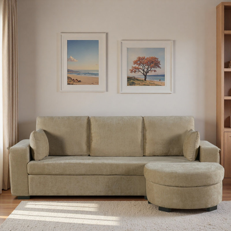 Canapé d'angle avec pouf de rangement, rangement dissimulé, ports de chargement USB et porte-gobelets, Coffee Chenille