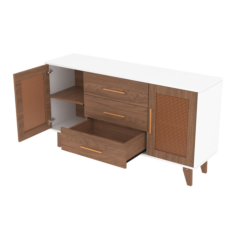 White and Brown 59" Rattan Sideboard with Wooden Legs