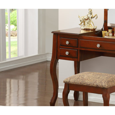 Classic 1pc Vanity Set w Stool Cherry Color Drawers Open-up Mirror Bedroom Furniture Unique Legs Cushion Seat Stool Vanity