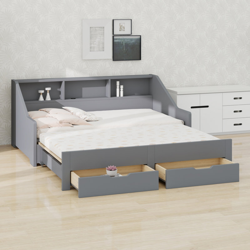 Daybed Featuring Storage Bookcases, Two Drawers and Built-in Charging Design, Gray