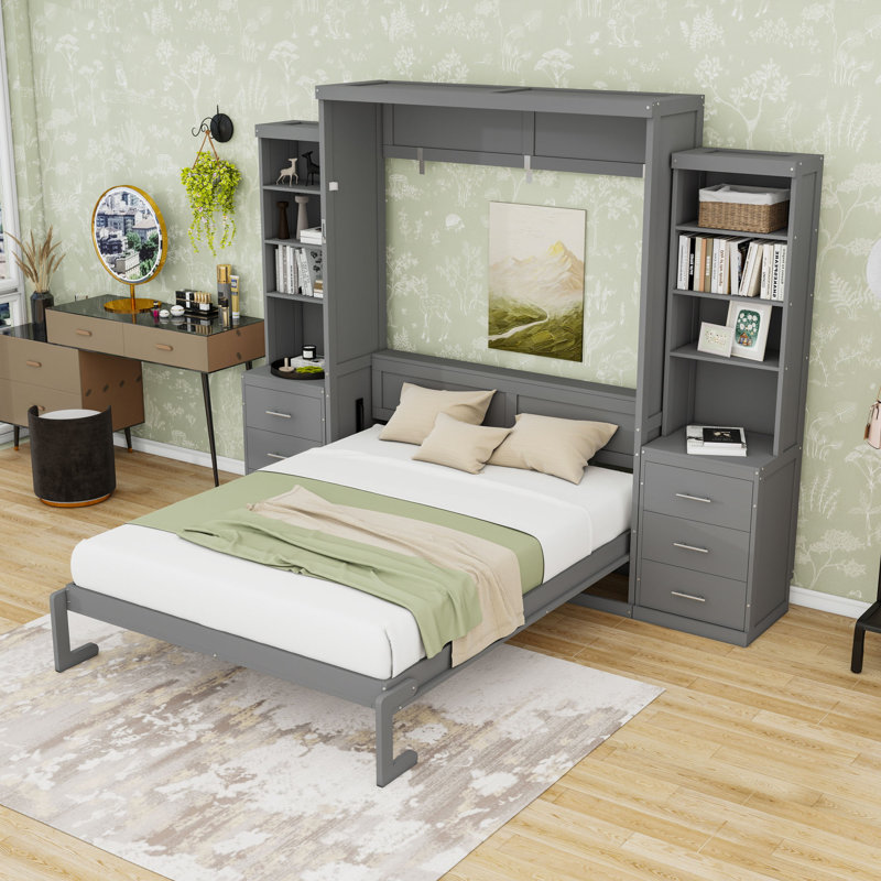 Lit escamotable 6 tiroirs en bois avec tablettes ouvertes, Gray, Queen