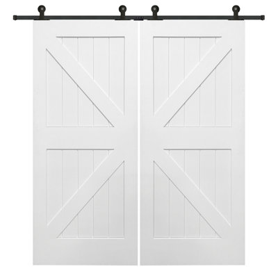 Panelled Manufactured Wood Primed Planked Barn Door with Installation Hardware Kit