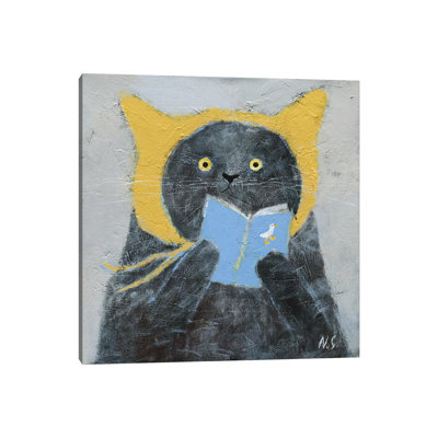Cat In Yellow Hat With A Book by Natalia Shaloshvili - Painting on Canvas