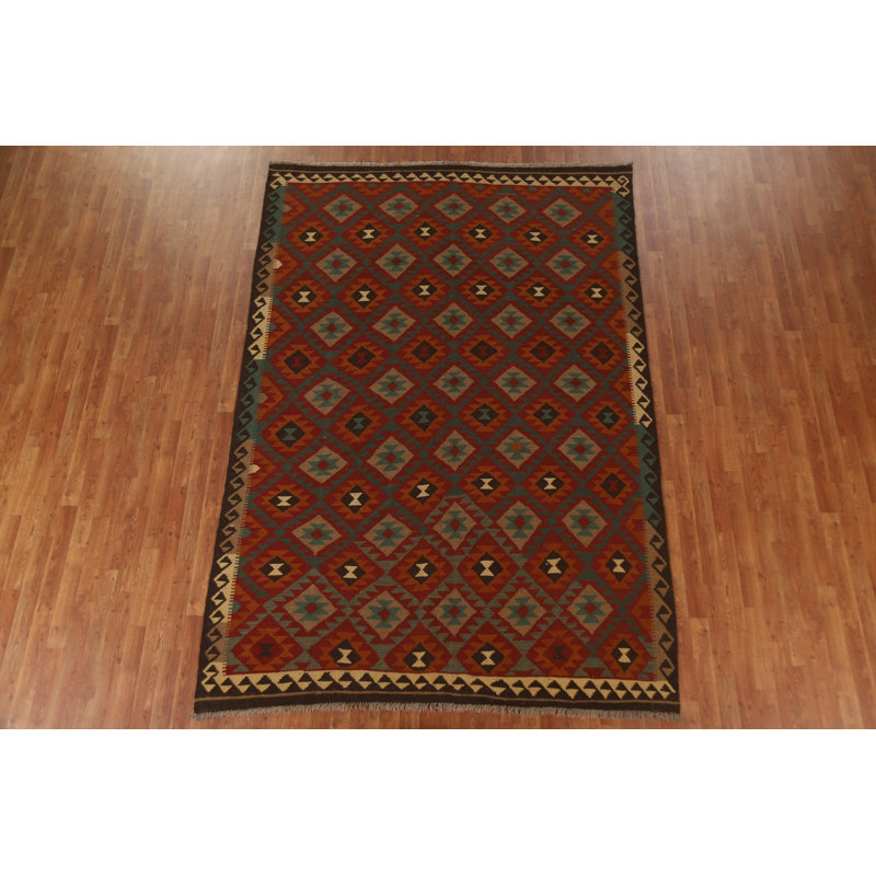 Tapis brun en laine noué à la main de conception unique 6 pi 9 po x 9 pi 8 po New Age