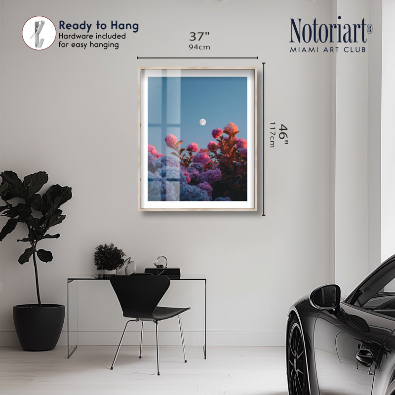 Décoration murale côtière Shadowbox Twilight Hydrangeas II par Notoriart, structure en chêne naturel, H 46 po x l 37 po