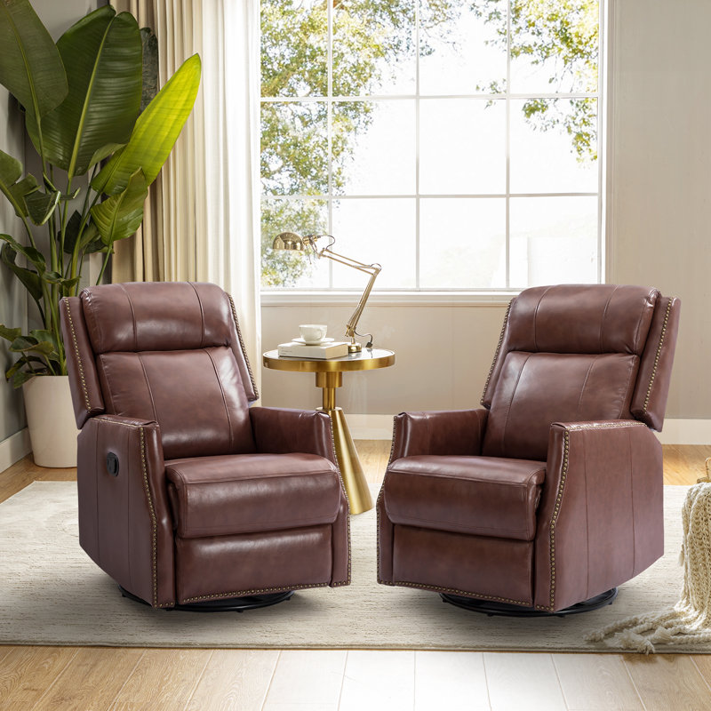 Hugh Genuine Leather Manual Swivel Recliner Set Of 2, Brown