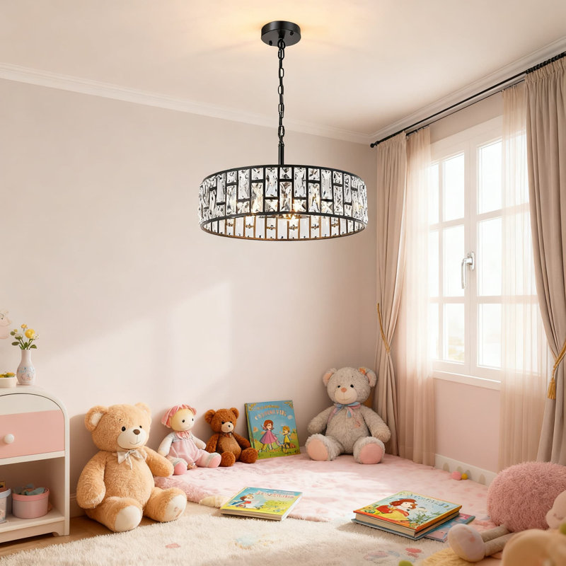 Lustre moderne en cristal noir à 5 lumières avec chaîne ajustable, plafonnier semi-encastré à intensité variable pour salle à manger, salon, cuisine et chambre à coucher