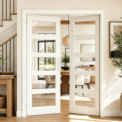5 Lite Clear Glass Interior Double Doors - White MDF French Door Slabs with Paintable Finish(Handle, Hinges, Latch & Lock Set Included)