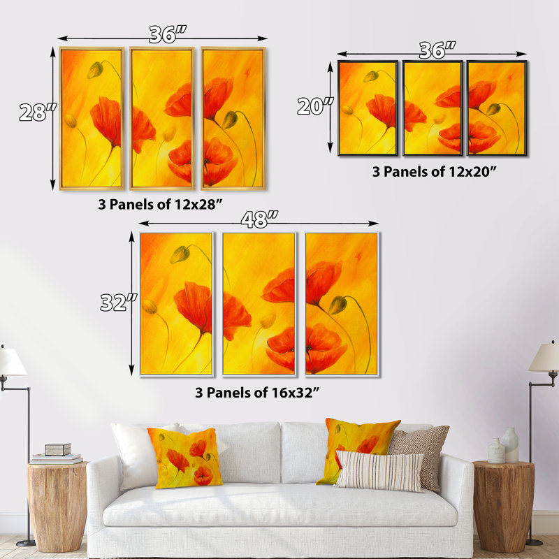 «Red Poppy Flower», ensemble d'art mural sur toile à motif floral, L 36 po x H 28 po, Cadre noir