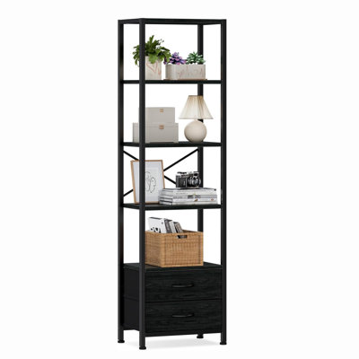 5-Tier Corner Shelf, Narrow Bookshelf with 2 Storage Drawers