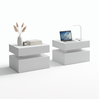 Floating Wood Wall Mounted Nightstand with 2 Storage Drawers and LED (Set of 2)