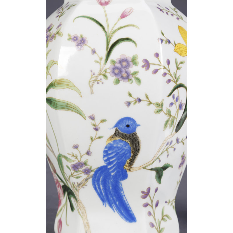 White Ceramic Floral and Bird Ginger Jar with Lid