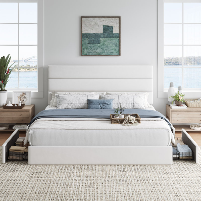  Storage Upholstered Platform Bed Frame, with 4 Drawers No Box Spring Needed, White, King