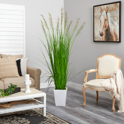 Grass Artificial Plant in White Metal Planter